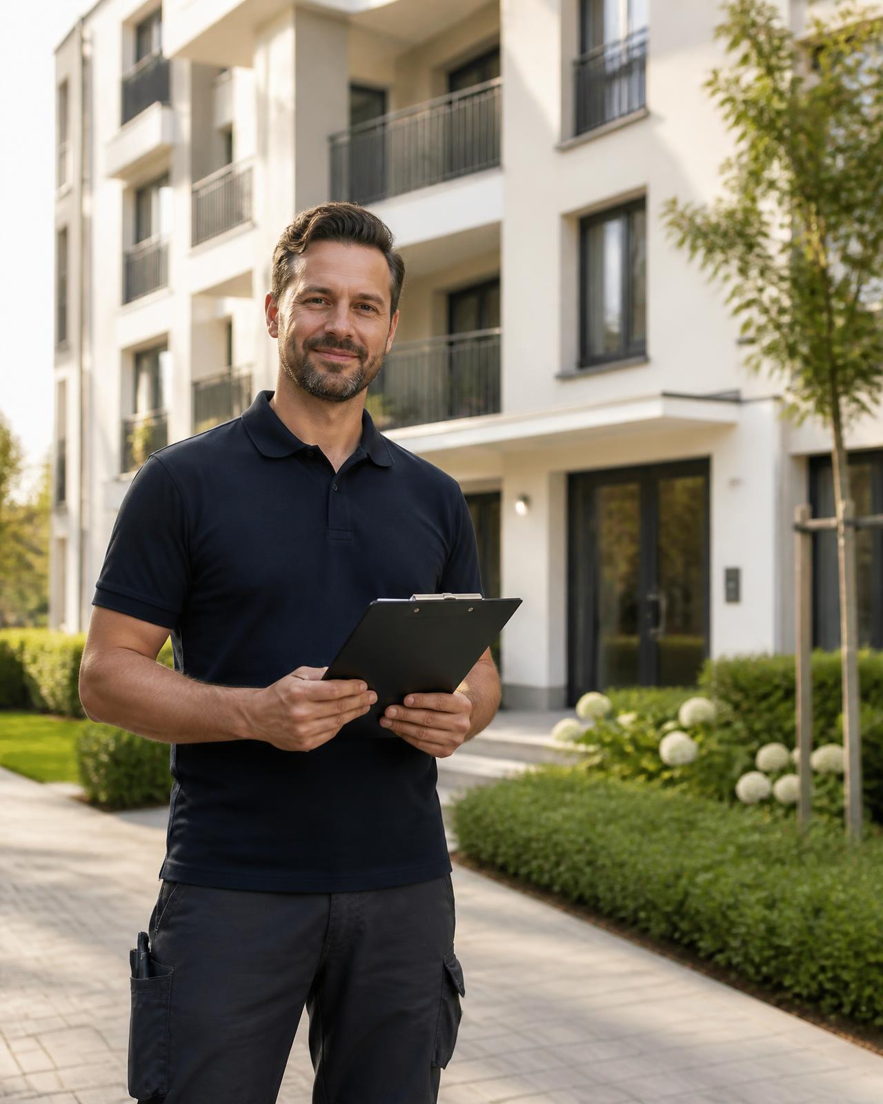 Ziduna Group caretaker at work in front of a well-maintained multi-family building