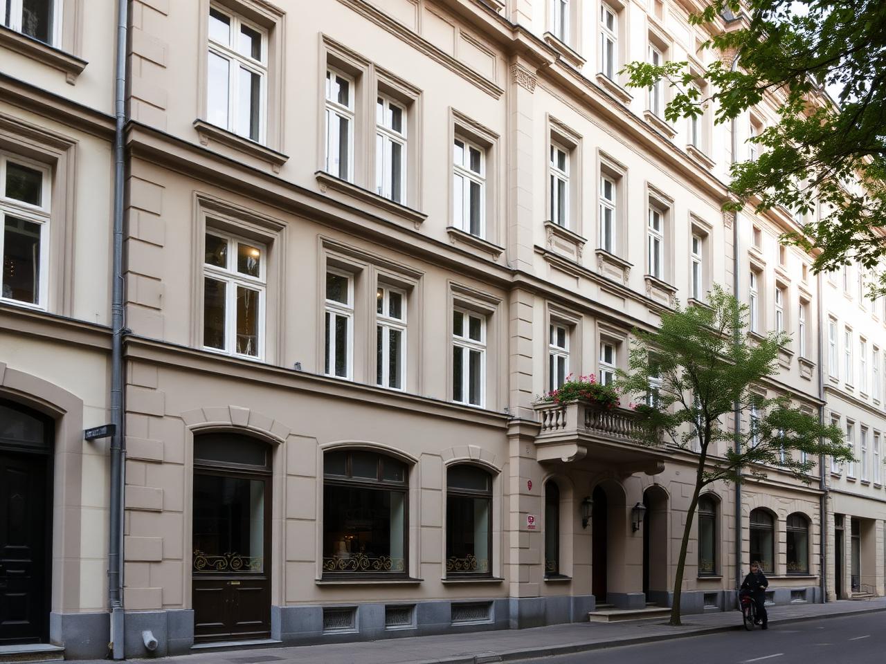 Klassische Wohnhausfassade in ruhiger Straße